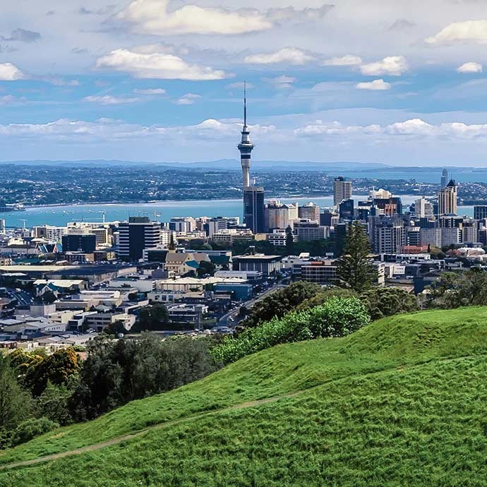 A view of Auckland's Skytower from Maungawhau Mt Eden